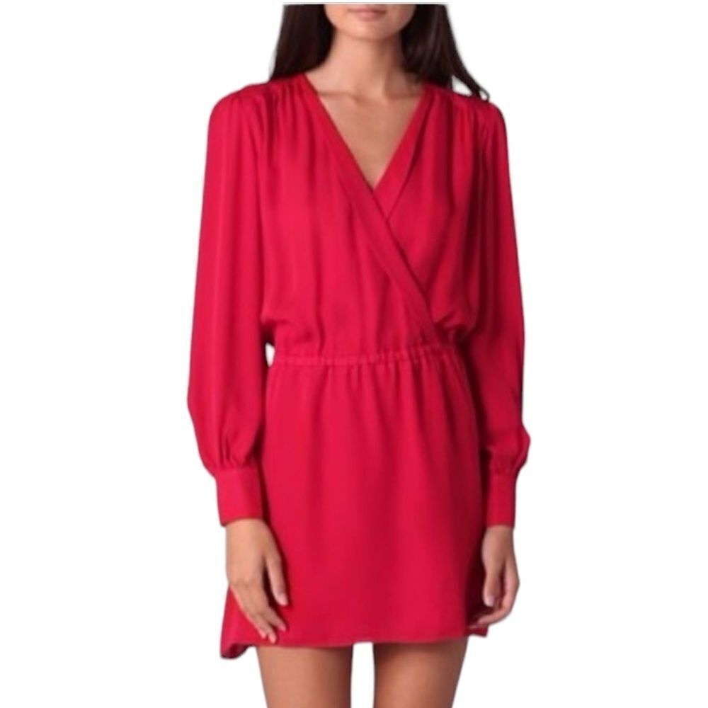 PARKER Red Silk Deep-V Mini Wrap Dress With Long Sleeves XS